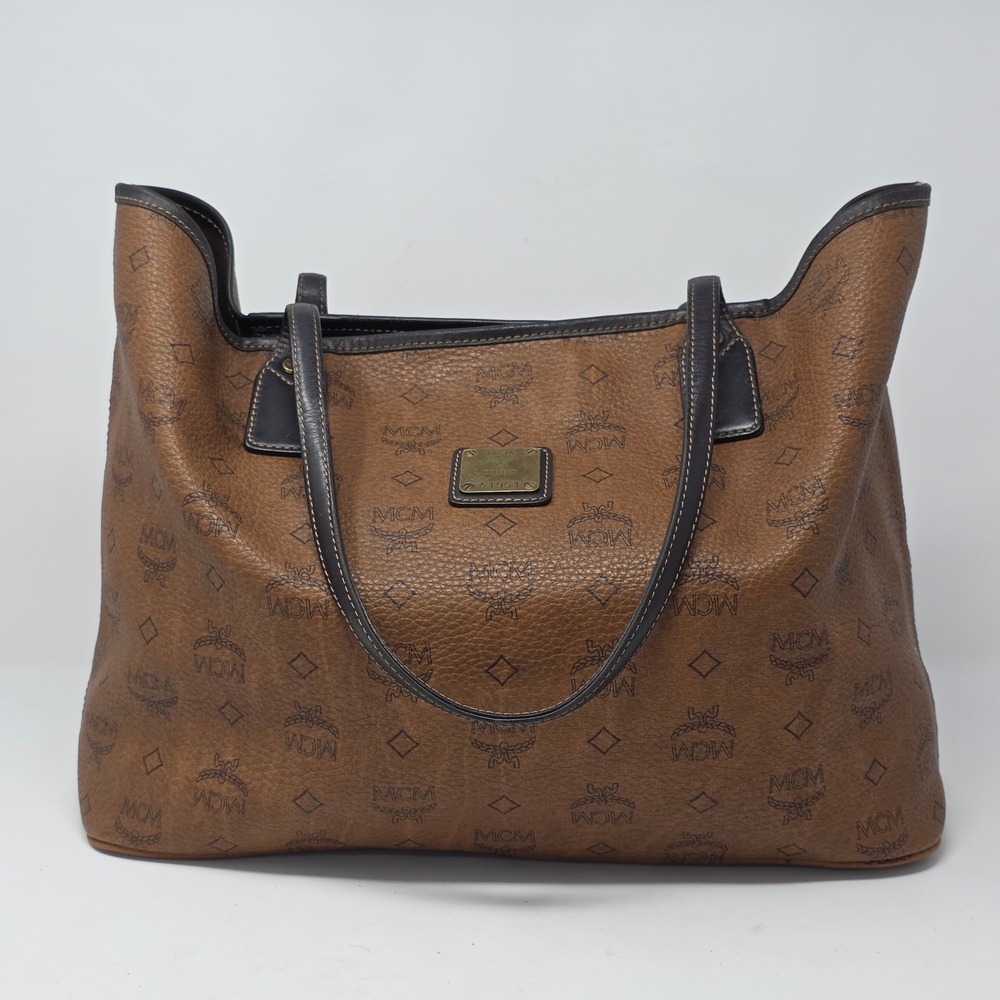 MCM Visetos Monogram Cognac Tote Bag Brown Leather Shopper A1951